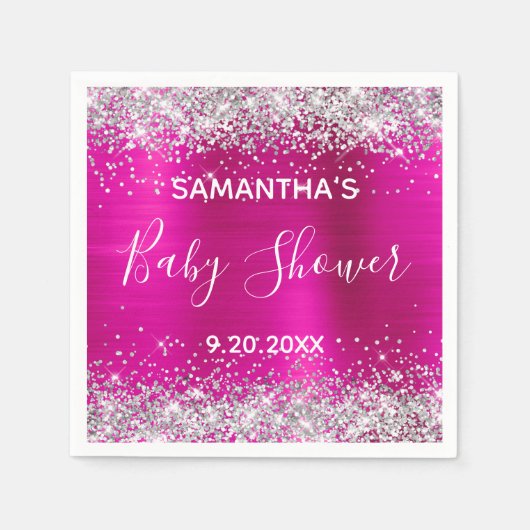 Silver Glitzer Hot Pink Foil Babydusche Serviette (Vorderseite)