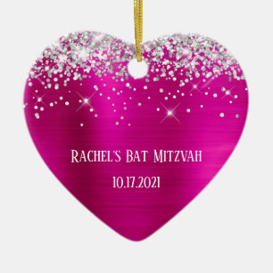 Silver Glitzer Hot Pink Foil Bat Mitzvah Keramik Ornament