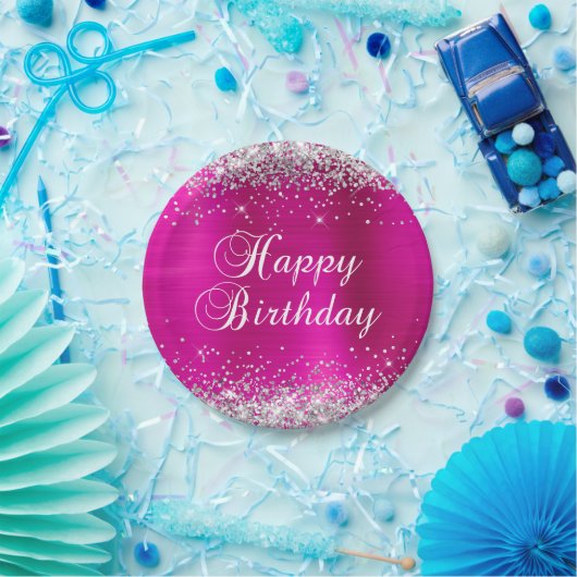 Silver Glitzer Hot Pink Foil Happy Birthday Pappteller (Party)