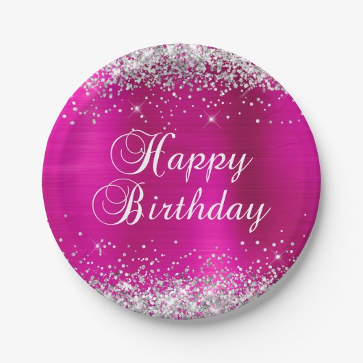 Silver Glitzer Hot Pink Foil Happy Birthday Pappteller (Vorderseite)