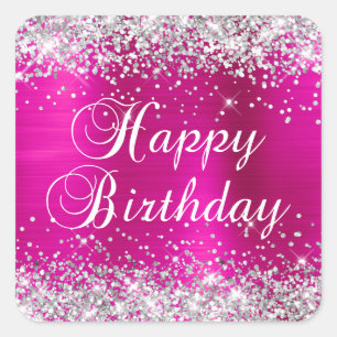 Silver Glitzer Hot Pink Foil Happy Birthday Quadratischer Aufkleber