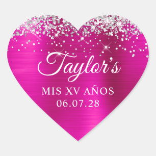 Silver Glitzer Hot Pink Foil Mis XV Anos Birthday Herz-Aufkleber