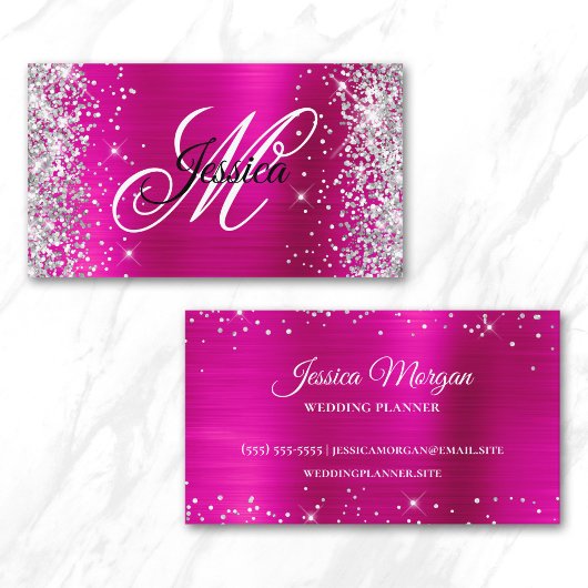 Silver Glitzer Hot Pink Foil Monogramm Profil Visitenkarte