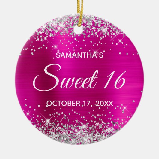 Silver Glitzer Hot Pink Foil Sweet 16 Birthday Keramik Ornament (Vorne)