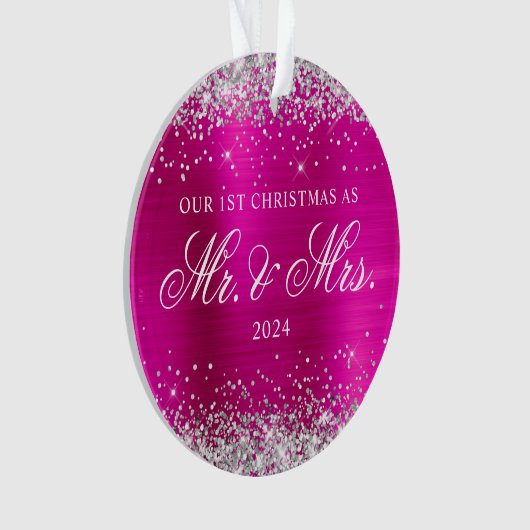 Silver Glitzer Hot Pink Foil Unser 1. Weihnachtsfe Ornament (Vorderseite)