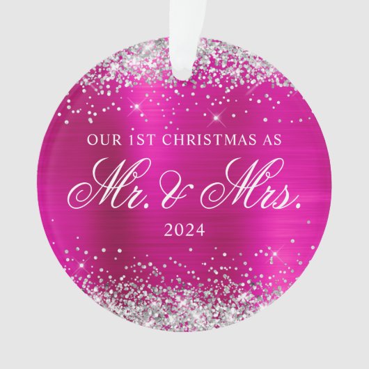 Silver Glitzer Hot Pink Foil Unser 1. Weihnachtsfe Ornament (Vorderseite)