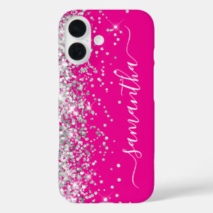 Silver Glitzer Hot Pink Girly Signature iPhone 16 Hülle