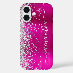 Silver Glitzer Hot Pink Metallic Girly Signature iPhone 16 Hülle