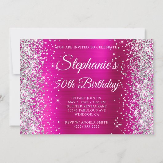 Silver Glitzer Hot Pink Monogram 50. Geburtstag Einladung (Vorderseite)