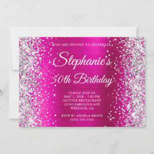 Silver Glitzer Hot Pink Monogram 50. Geburtstag Einladung