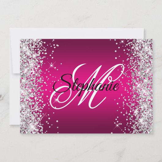 Silver Glitzer Hot Pink Ombre Extravagant Monogram Einladung (Rückseite)