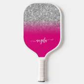 Silver Glitzer Hot Pink Ombre Name Pickleball Schläger (Rückseite)