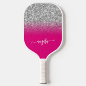 Silver Glitzer Hot Pink Ombre Name Pickleball Schläger (Vorderseite)