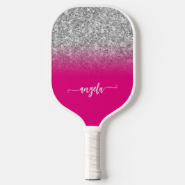 Silver Glitzer Hot Pink Ombre Name Pickleball Schläger