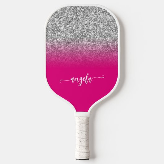 Silver Glitzer Hot Pink Ombre Name Pickleball Schläger (Vorderseite)