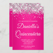 Silver Glitzer Hot Pink Ombre Quinceañera Einladung (Vorne/Hinten)
