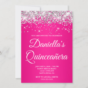 Silver Glitzer Hot Pink Ombre Quinceañera Einladung