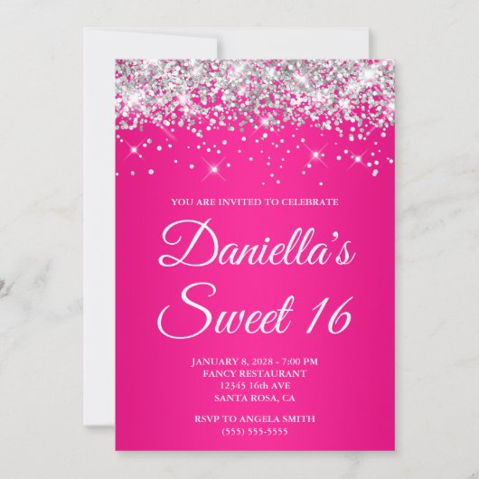 Silver Glitzer Hot Pink Ombre Sweet 16 Einladung (Vorderseite)