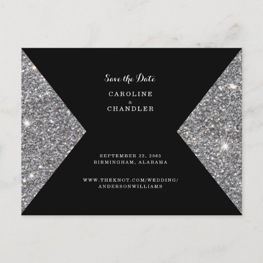 Silver Glitzer Image & Black Foto Save the Date Postkarte (Vorderseite)