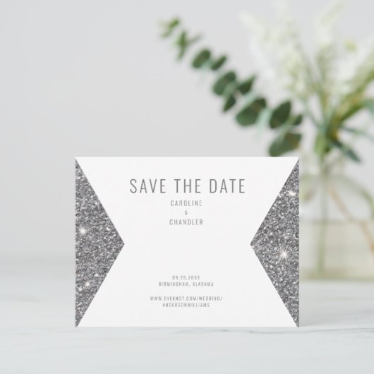 Silver Glitzer Image Modern Save the Date Postkarte (Stehend Vorderseite)