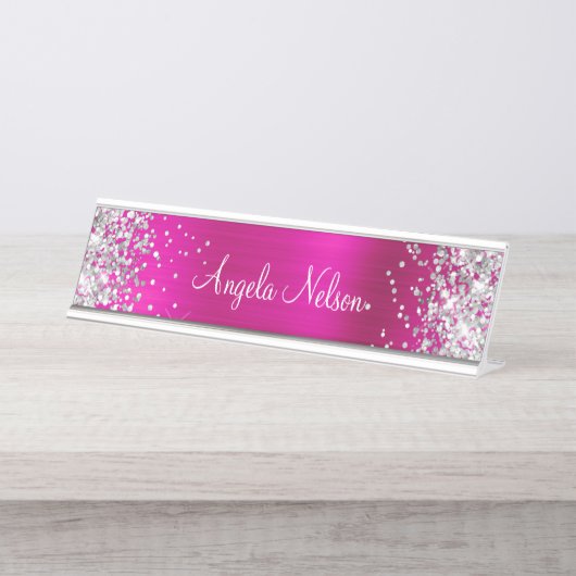 Silver Glitzer Imitate Hot Pink Foil Schreibtischnamensplakette (Vorderseite )