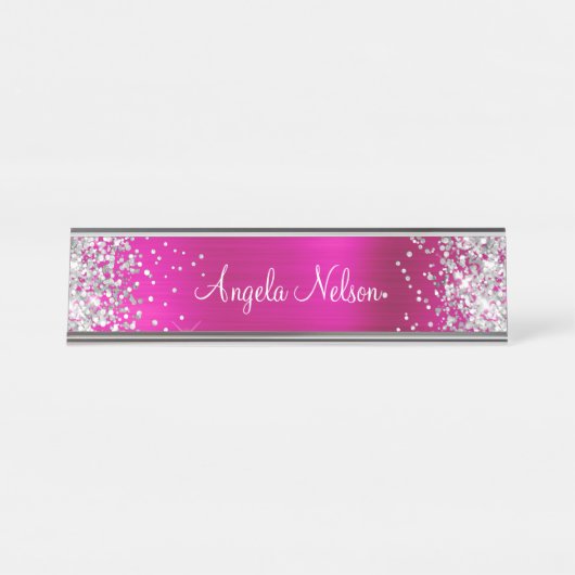 Silver Glitzer Imitate Hot Pink Foil Schreibtischnamensplakette (Vorderseite )