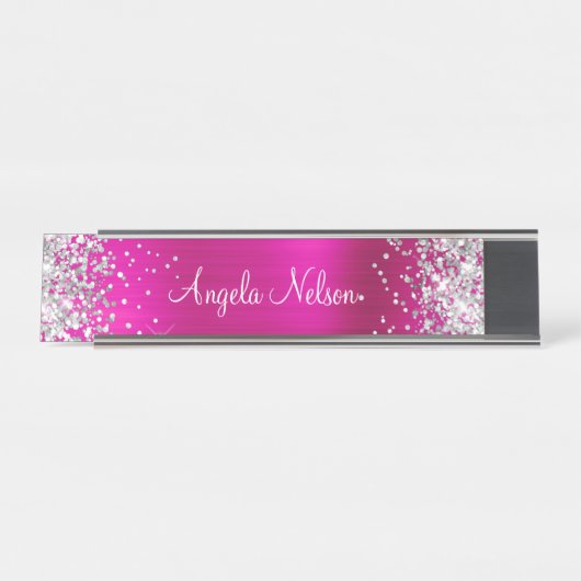 Silver Glitzer Imitate Hot Pink Foil Schreibtischnamensplakette (Vorderseite )