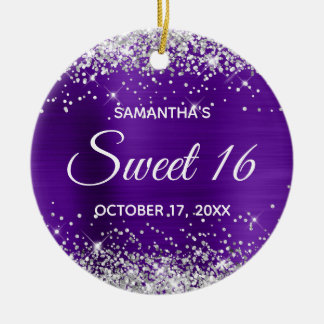 Silver Glitzer Indigo Foil Sweet 16 Birthday Keramik Ornament