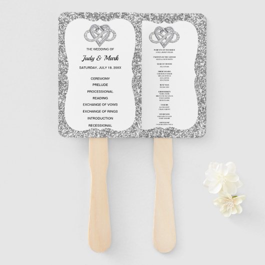 Silver Glitzer Infinity Heart Wedding Program Fans Fächer (Vorne und Hinten)