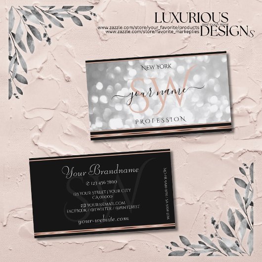 Silver Glitzer Initials Schwarz und Rose Gold Bord Visitenkarte