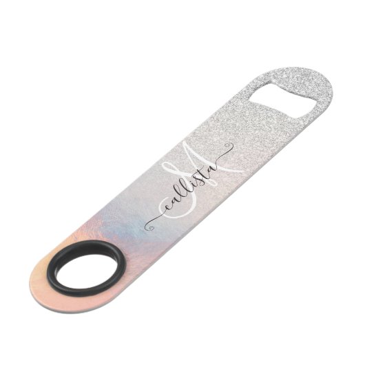 Silver Glitzer Iridescent Holographic Gradient Speed Flaschenöffner (Vorderseite Schrägansicht)
