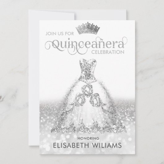 Silver Glitzer Kleid ombre tiara Quinceañera Invi Einladung (Vorderseite)