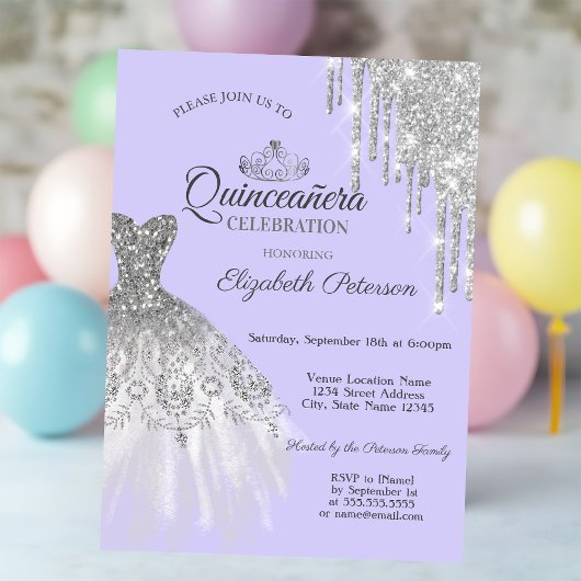 Silver Glitzer Kleid, Tropfen Lila Quinceañera Einladung