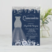 Silver Glitzer Kleid, Tropfen Rose Quinceañera Einladung (Stehend Vorderseite)