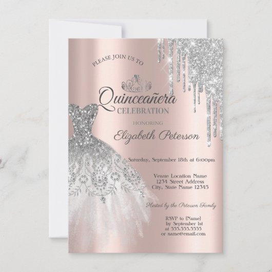 Silver Glitzer Kleid, Tropfens Rose Gold Quinceañe Einladung (Vorderseite)