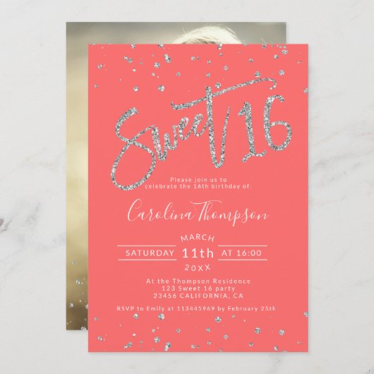 Silver Glitzer Konfetti Koralle Sweet 16 Foto Einladung (Vorne/Hinten)