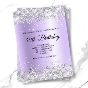 Silver Glitzer Lavender Satin Foil 40. Geburtstag Einladung