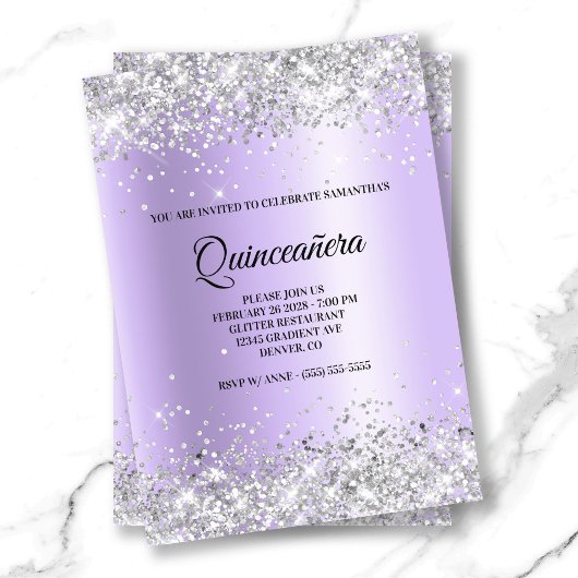 Silver Glitzer Lavender Satin Foil Quinceanera Einladung