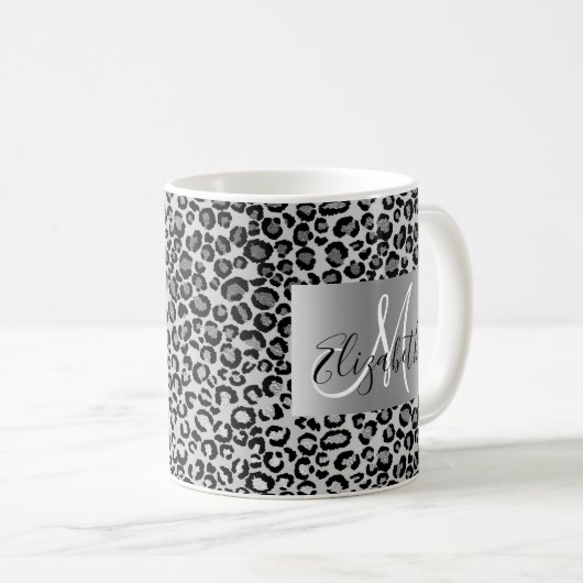 SIlver Glitzer Leopard Monogram Fun Kaffeetasse (VorderseiteRechts)