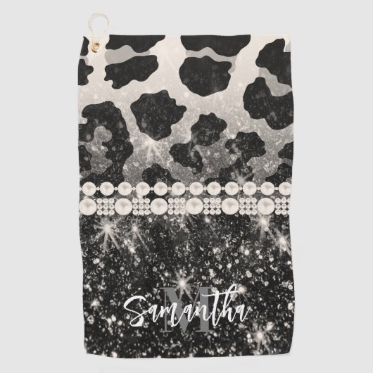 Silver Glitzer Leopard Print Golfhandtuch (Vorderseite)