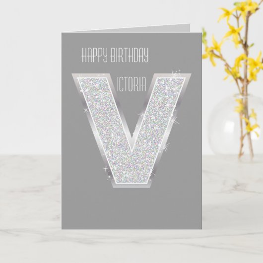 Silver Glitzer Letter V Karte (Gelbe Blume)
