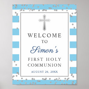Silver Glitzer Light Blue First Community Willkomm Poster