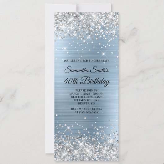 Silver Glitzer Light Blue Foil 40. Geburtstag Einladung (Vorderseite)