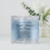 Silver Glitzer Light Blue Foil 40. Geburtstag Einladung (Stehend Vorderseite)