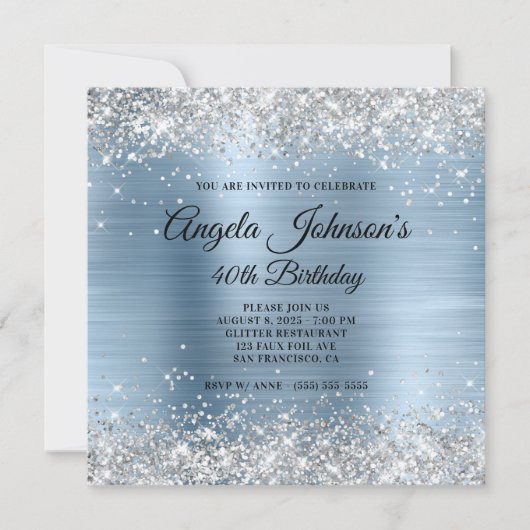 Silver Glitzer Light Blue Foil 40. Geburtstag Einladung (Vorderseite)