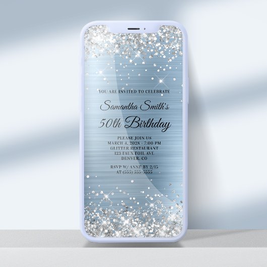 Silver Glitzer Light Blue Foil 50. Geburtstag Einladung
