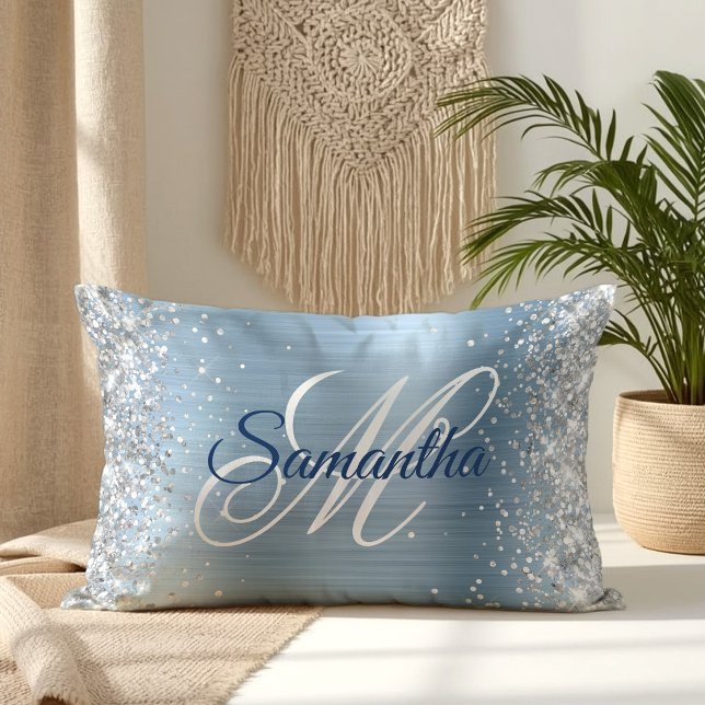 Silver Glitzer Light Blue Foil Extravagant Monogra Lendenkissen (Silver Glitter Light Blue Foil Fancy Monogram Lumbar Pillow)