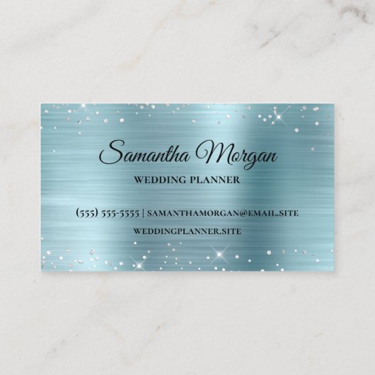 Silver Glitzer Light Blue Foil Extravagant Monogra Visitenkarte (Rückseite)