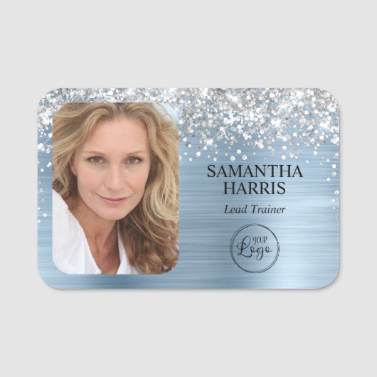 Silver Glitzer Light Blue Foil Logo und Foto Namensschild (Vorderseite)