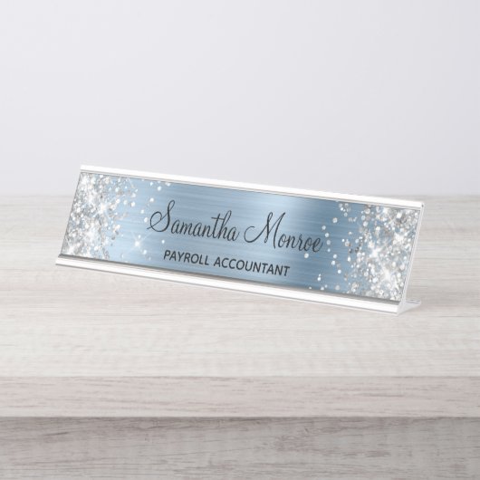 Silver Glitzer Light Blue Foil Schreibtischnamensplakette (Vorderseite )
